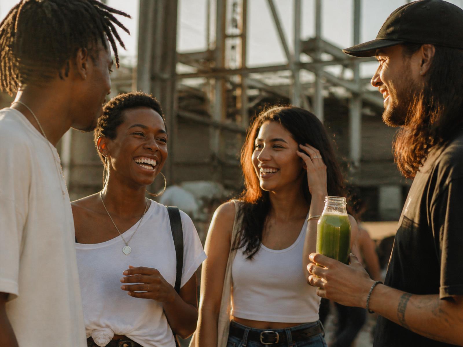 Diverse group of friends enjoying green superfood drinks together