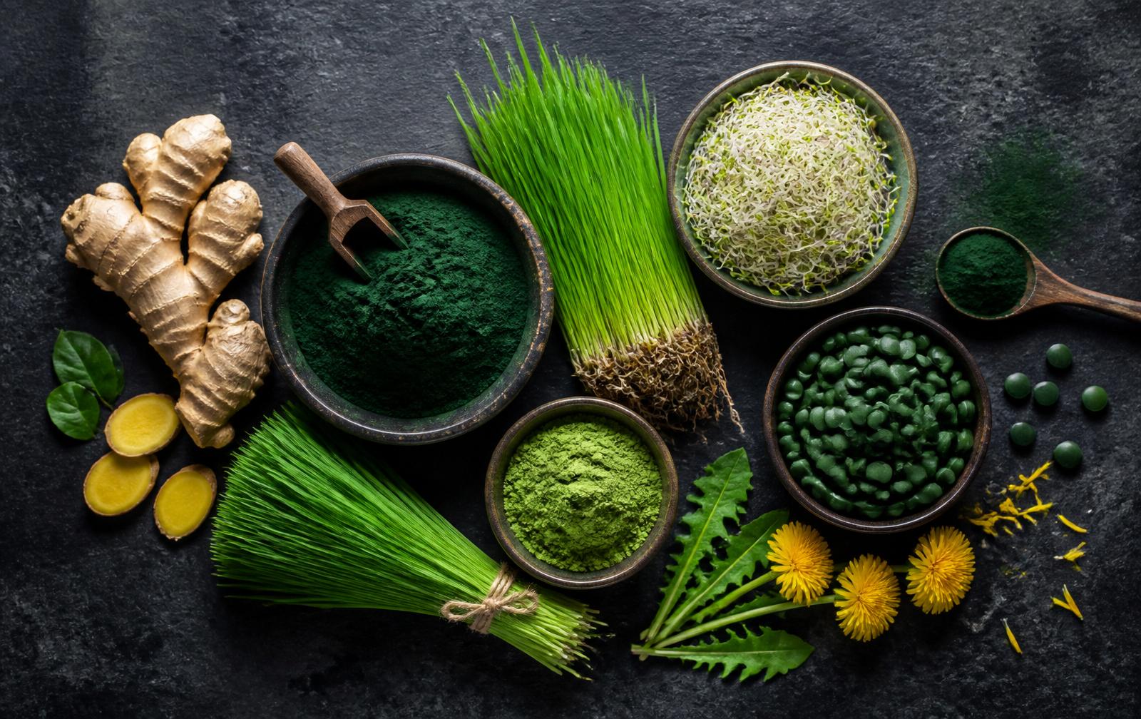 Organic superfood ingredients — spirulina, wheatgrass, chlorella, ginger, dandelion