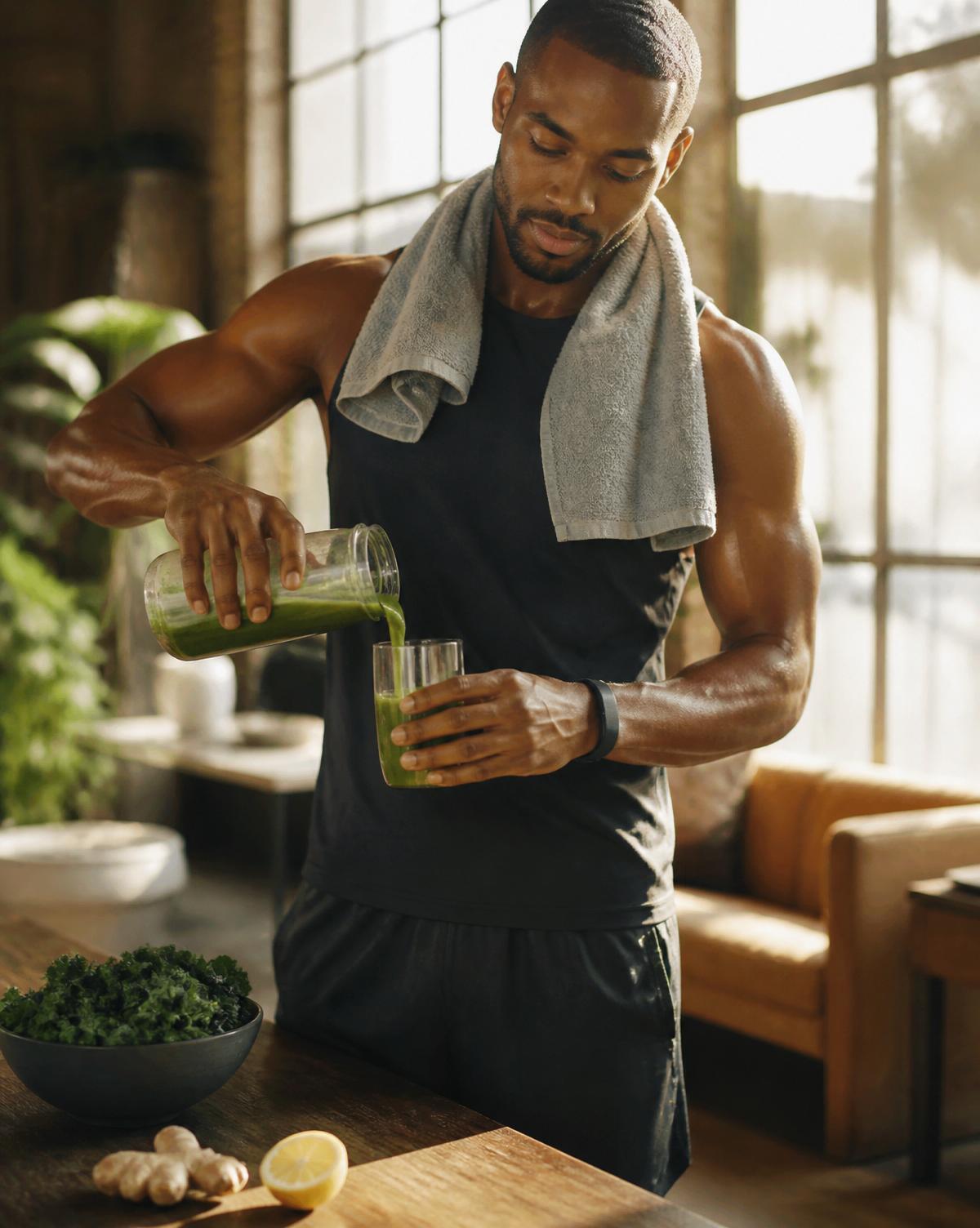 Athlete pouring fresh green superfood drink after workout